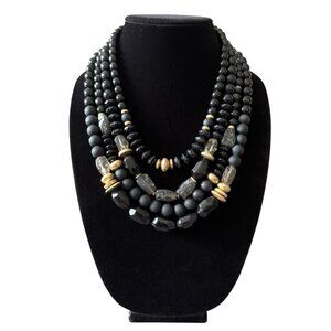 Chicos Statement Multi-Strand Beaded Necklace Black Gold Adjustable Length